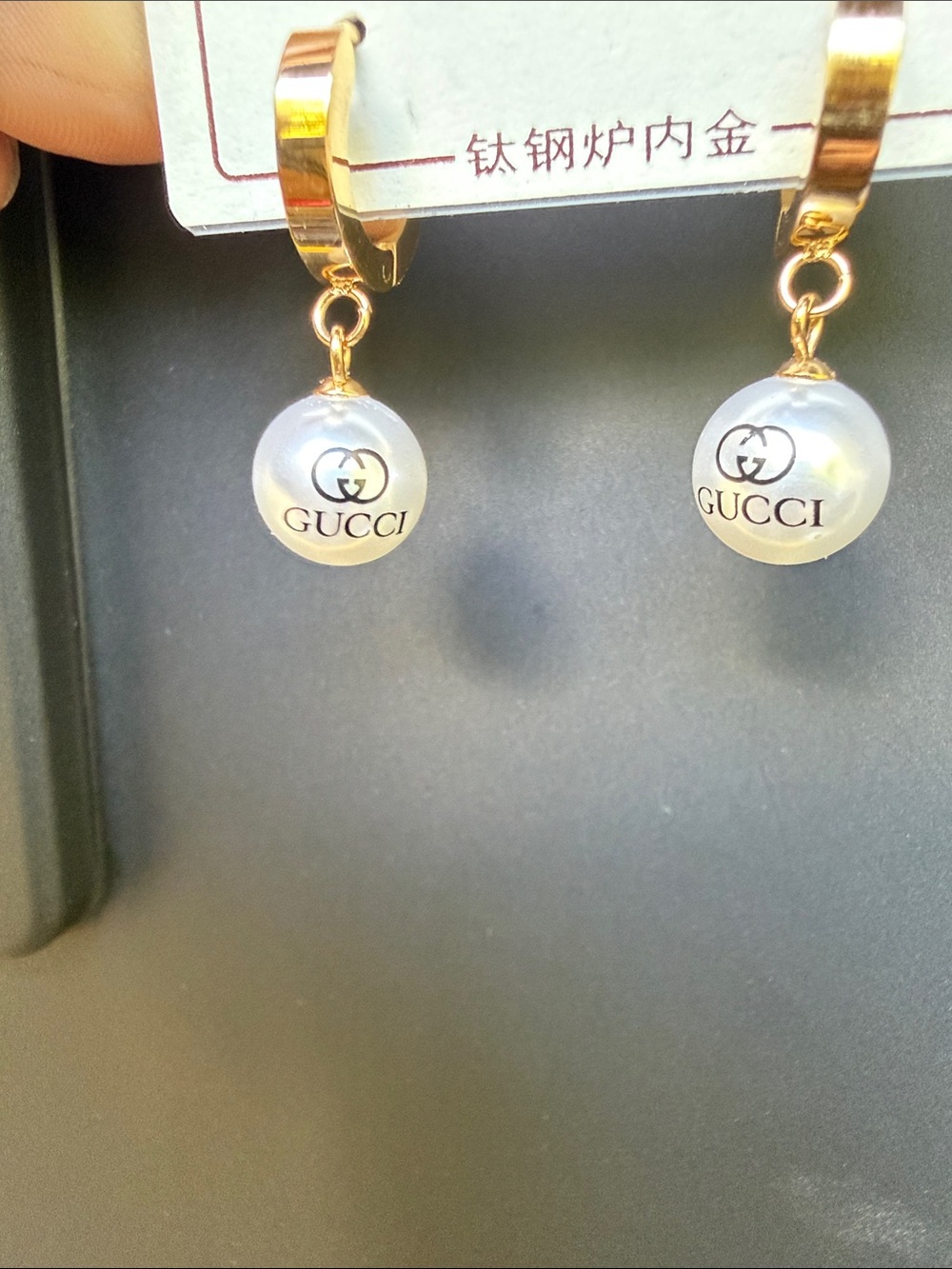 Gold Tone Pearl Drop  GG Statement Earrings